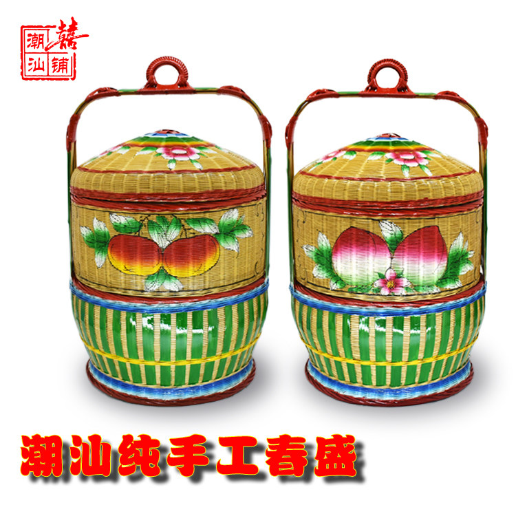 潮汕纯手工手绘40cm二层春盛竹篮子收纳篮储物篮花篮传统竹艺摆件