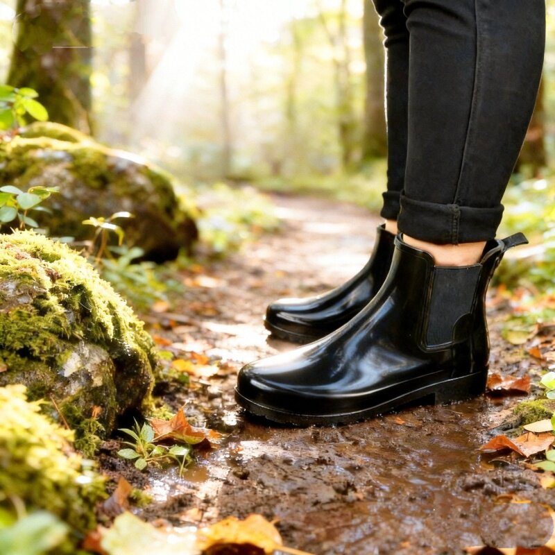 雨鞋女露营短切尔西款黑色亮面靴胶套水防滑成人时尚refined显瘦