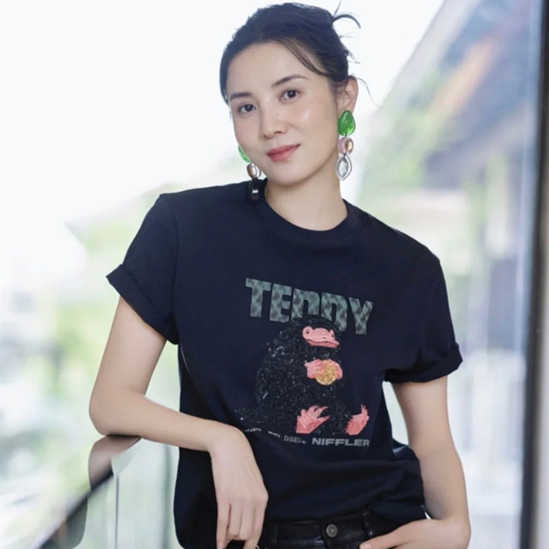 欧洲宋祖儿明星同款上衣服新款宽松纯棉印花黑色短袖t恤女春夏装