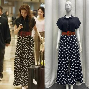 玫瑰的故事刘亦菲黄亦玫同款黑色衬衫上衣女夏季波点阔腿裙裤套装