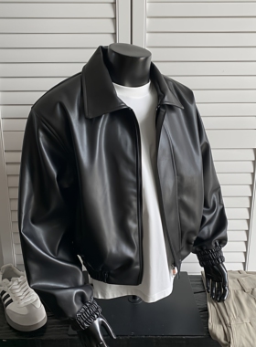 假模图 明星同款宽松短款垫肩外套美式复古皮衣夹克男 H1133