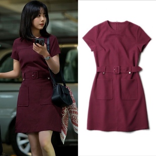 欧购向风而行谭松韵同款酒红色连衣裙女高级感小个子收腰A字短裙