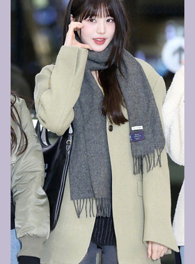 张元英大衣同款加棉加厚绿色西装春秋冬宽松小个子夹棉羊毛呢外套