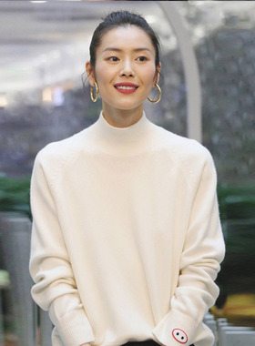 大表姐刘雯同款半高领羊绒衫女白色宽松显瘦100羊毛衫打底衫毛衣