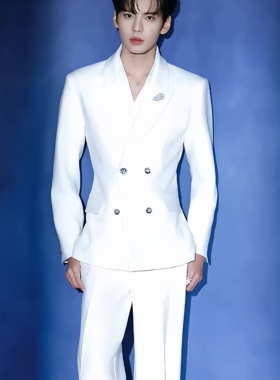毕雯珺明星同款男士白色西服外套痞帅韩版气质西服套装垫肩潮牌