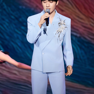 手工亮片刺绣男舞台走秀气质休闲单西西装 蒋敦豪明星同款 蓝色西装