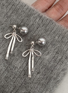 S925纯银后挂式蝴蝶结珍珠耳钉女简约甜美气质一款两戴耳环