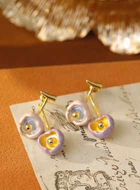 日系小众滴油花朵粉紫色耳环长款两戴甜美可爱滴油耳坠小樱桃耳饰