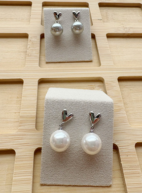 S925纯银耳针高级感银灰色珍珠爱心耳钉小巧耳环气质高级感耳饰