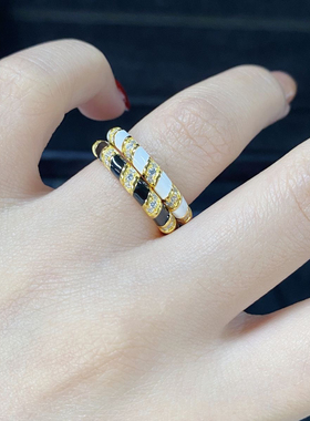 S925纯银珐琅戒指黑白色镀AU750黄金色ins风简约百搭时尚复古中古