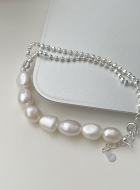 925纯银ins风简约天然巴洛克珍珠手链女小众爱心拼接圆珠手链