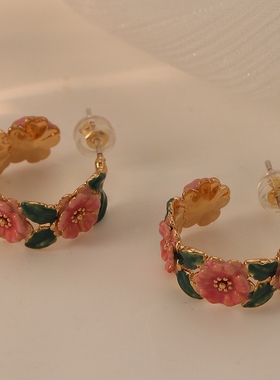 法式复古彩色山茶花珐琅滴油耳环高级感时尚气质小众中古s925银针
