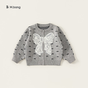 喵小姐邦选童装女童外套春季新品蝴蝶结儿童拉链衫针织开衫圆领