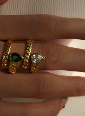 DASEIN ACC欧美小众设计复古水滴锆石绿色白色钛钢防水开口戒指