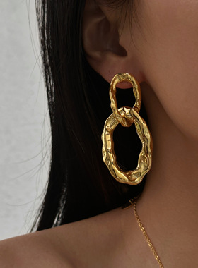 DASEIN ACC欧美轻奢小众Vintage大气素双圈褶皱钛钢金色耳圈耳环