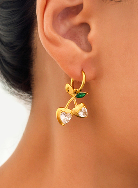 【DASEIN】新时尚精致甜酷风18k金百搭水波纹链项链樱桃耳钉套装