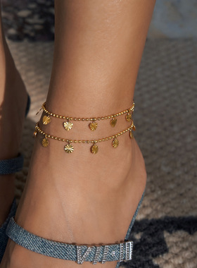 DASEIN ACC欧美优雅知性通勤小众风高级感饰品压纹圆片桃心脚链