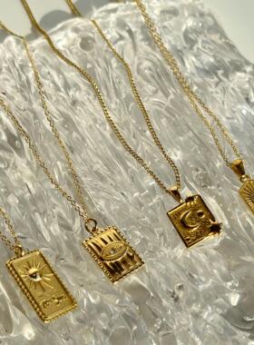 钛钢女月亮太阳眼睛星星方牌项链