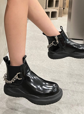 儿童短靴女童2024春秋季新款百搭松糕厚底短筒帅气链条韩版马丁靴