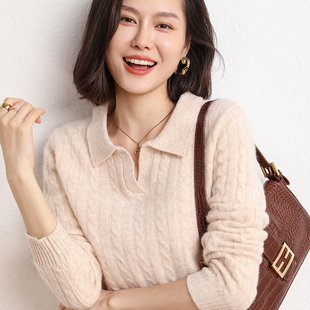 翻领毛衫 秋冬季 简约POLO领加厚绞花针织打底衫 新款 女 羊绒衫