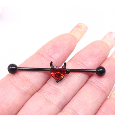 黑色小恶魔耳桥工业耳钉长耳骨钉软骨穿刺industrial piercing