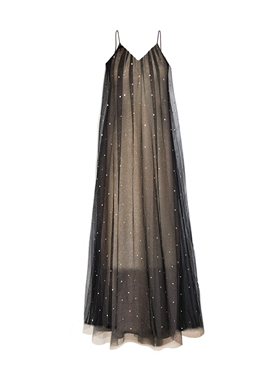 CHER品牌官方店 黑色闪钻网纱吊带长裙