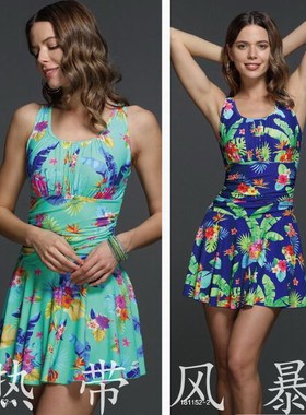 品牌正品号手温泉游泳衣女保守聚拢显瘦美背连体裙平角181152蓝彩