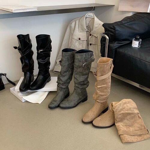 FQ3 实拍HMSZ靴子复古做旧堆堆靴女皮带扣中筒高筒长筒靴
