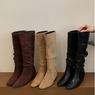 FQ3 实拍nuoqilin绒面内增高西部牛仔靴堆堆长靴复古平底不过膝靴