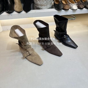FQ3实拍 Luomanli美拉德绒面粗跟中筒靴女韩系复古皮带扣瘦瘦靴潮