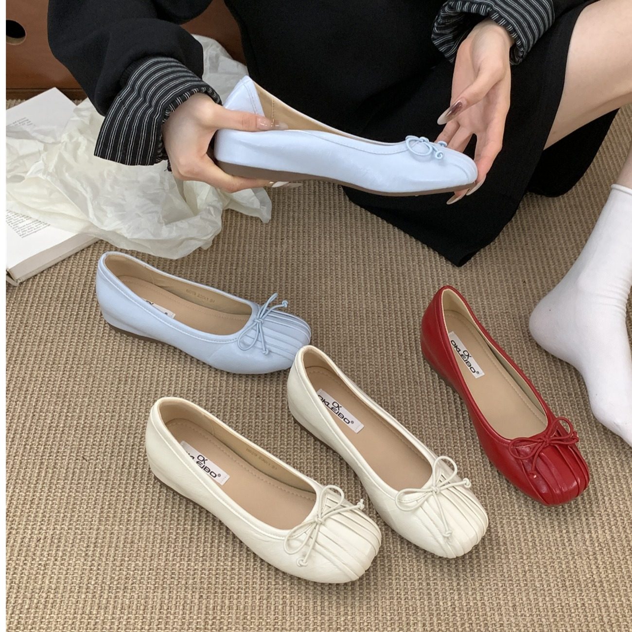 FQ3 实拍laibao内增高4cm蝴蝶结芭蕾鞋女单鞋浅口褶皱软底瓢鞋