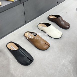 FQ3 实拍happyfeeling新款包头拖分趾猪蹄鞋女粗跟中跟套脚穆勒鞋