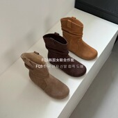 FQ3 实拍Aliguifei圆头短靴女真皮厚底内增高西部靴女百搭马丁靴