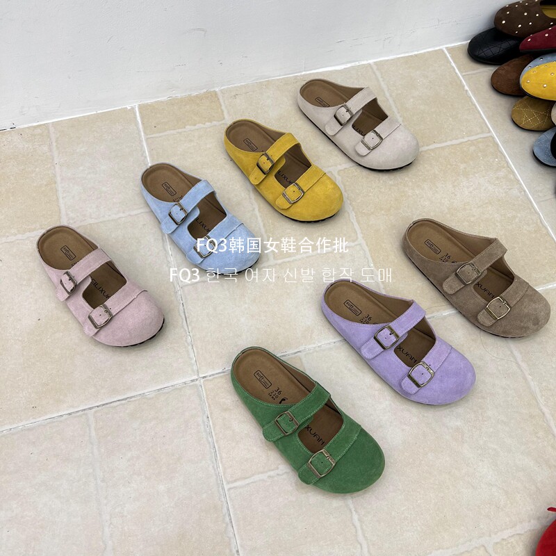 FQ3 实拍BEILIXUAN夏季半拖鞋女磨砂真皮一字带玛丽珍鞋女包头拖