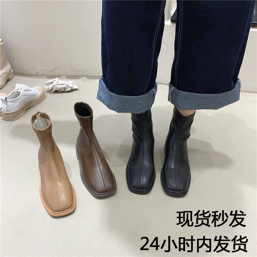 FQ3 实拍方头短靴女粗跟靴舒适透气时装靴套筒软底纯皮切尔西靴女,女鞋,时装靴,淘宝优惠券,粉丝福利购,淘宝优惠卷