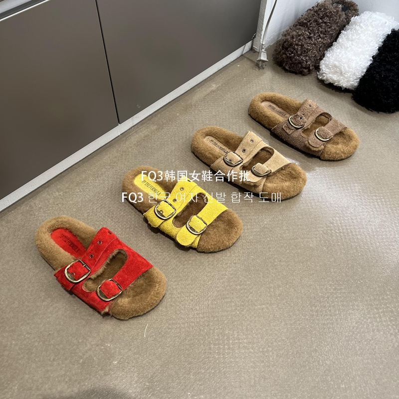 FQ3 实拍PIPI毛毛鞋拖女轻便简约休闲露趾搭扣式凉拖磨砂真皮毛拖