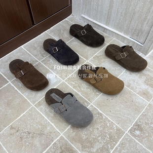 XUAN秋冬厚底防滑软底包头鞋 真皮反绒羊羔毛半拖 实拍BEI FQ3