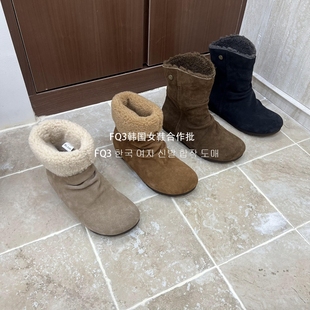 XUAN磨砂真皮反绒可翻筒口褶皱羊羔毛保暖短靴女 FQ3 实拍BEI
