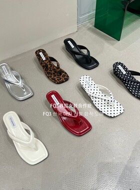 FQ3 实拍LUOMANLI方头露趾夹趾人字拖休闲百搭坡跟凉拖鞋女外穿