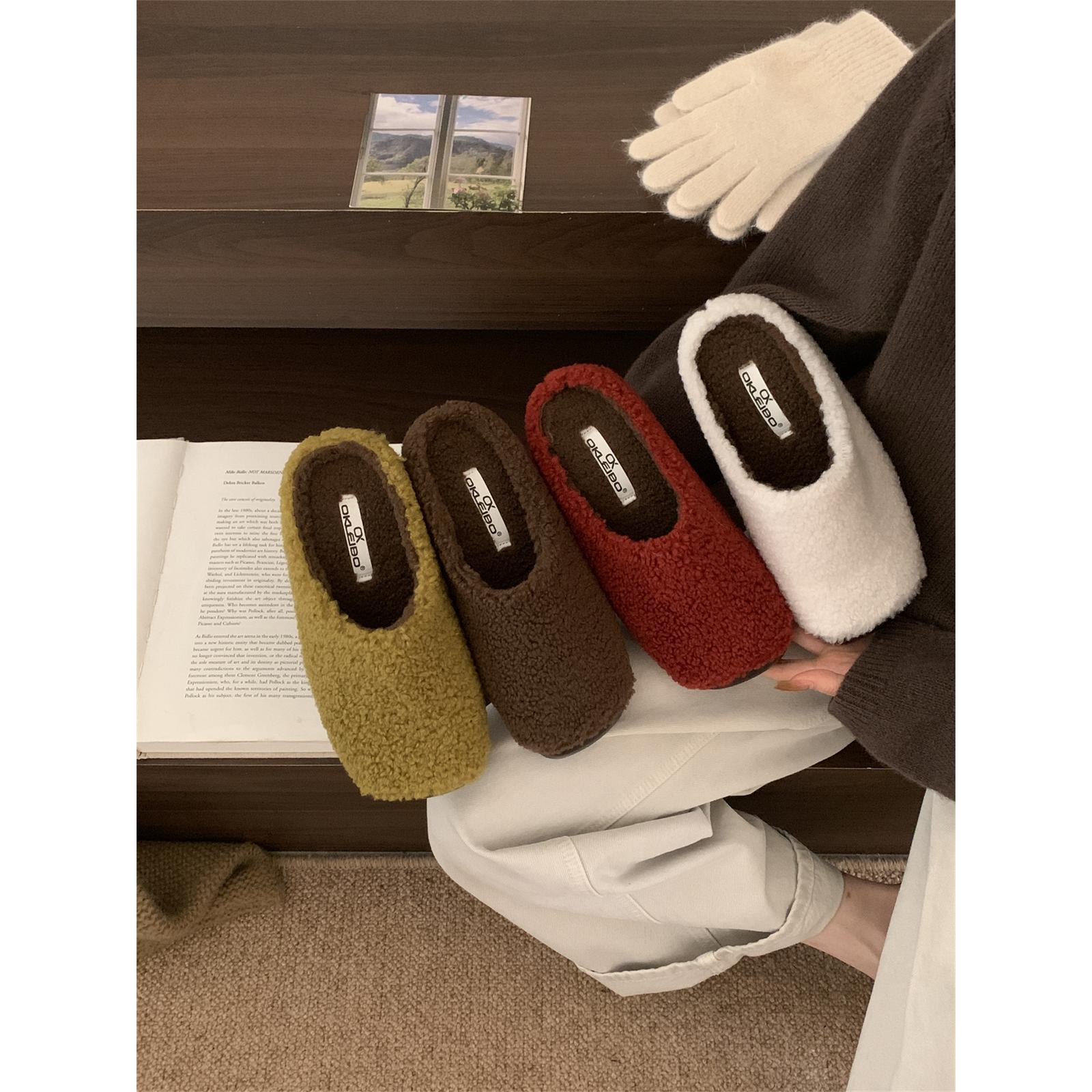 FQ3 实拍laibao羊羔毛加绒毛毛拖鞋女外穿拼接懒人一脚蹬棉拖