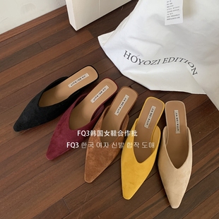 拖 女软底粗跟中跟V型口穆勒鞋 FQ3 实拍JIAMEIRUI反绒面包头半拖鞋