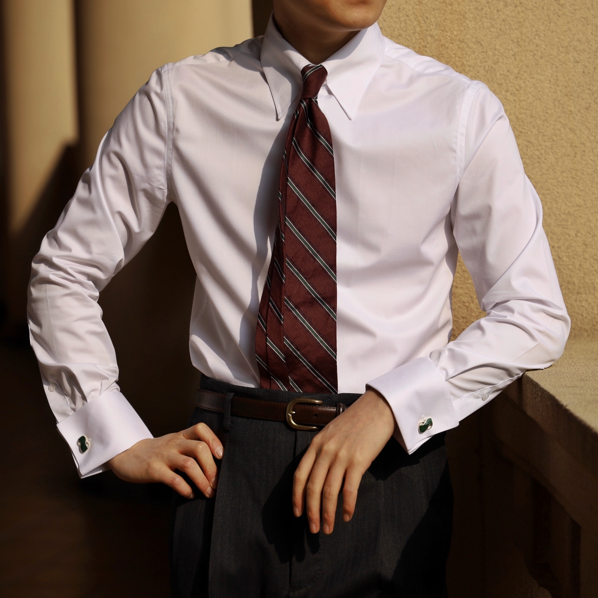 扣袢手工鹰爪法式袖绅士白衬衫