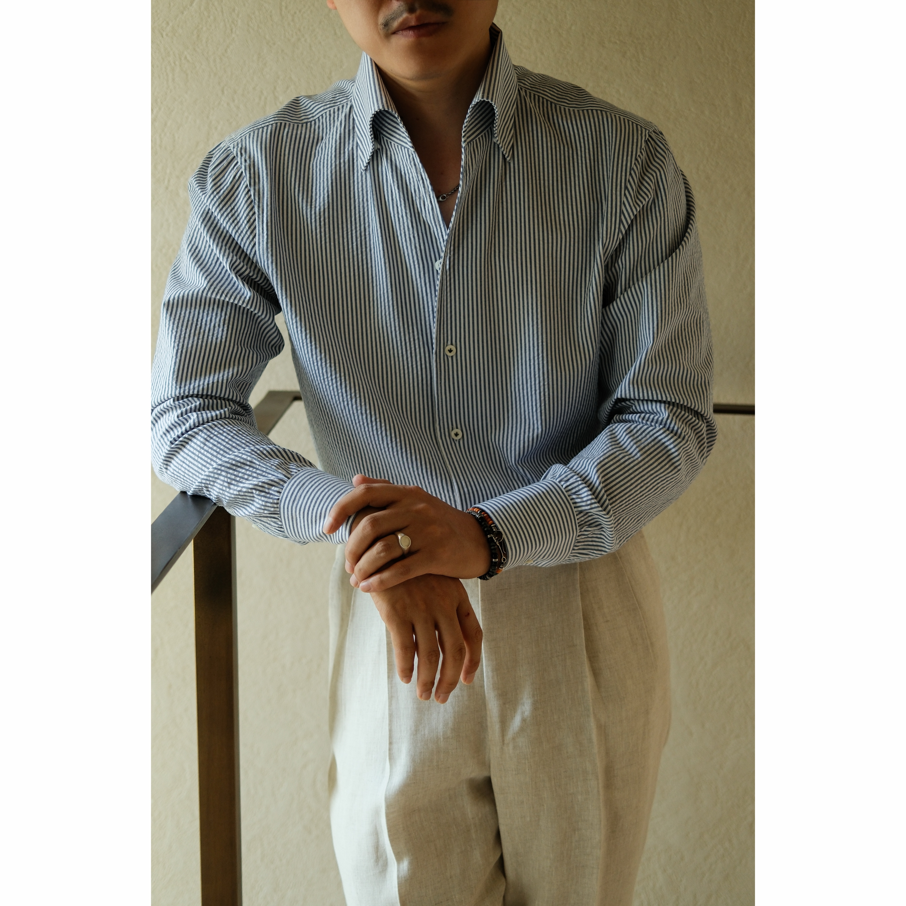 UGENTLE一片领纯棉泡泡纱衬衫男