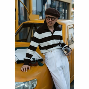 UGENTLE男装 老钱ivy马球毛衣 羊绒棉针织「乌木咖条」秋冬POLO领