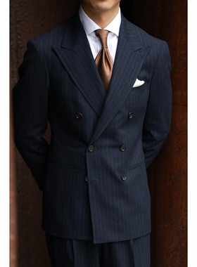 UGENTLE 毛丝混纺「曜石蓝法兰绒」半麻衬 粉笔条 双排扣西服套装