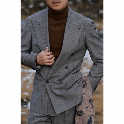 UGENTLE半麻衬双排扣西服套装男