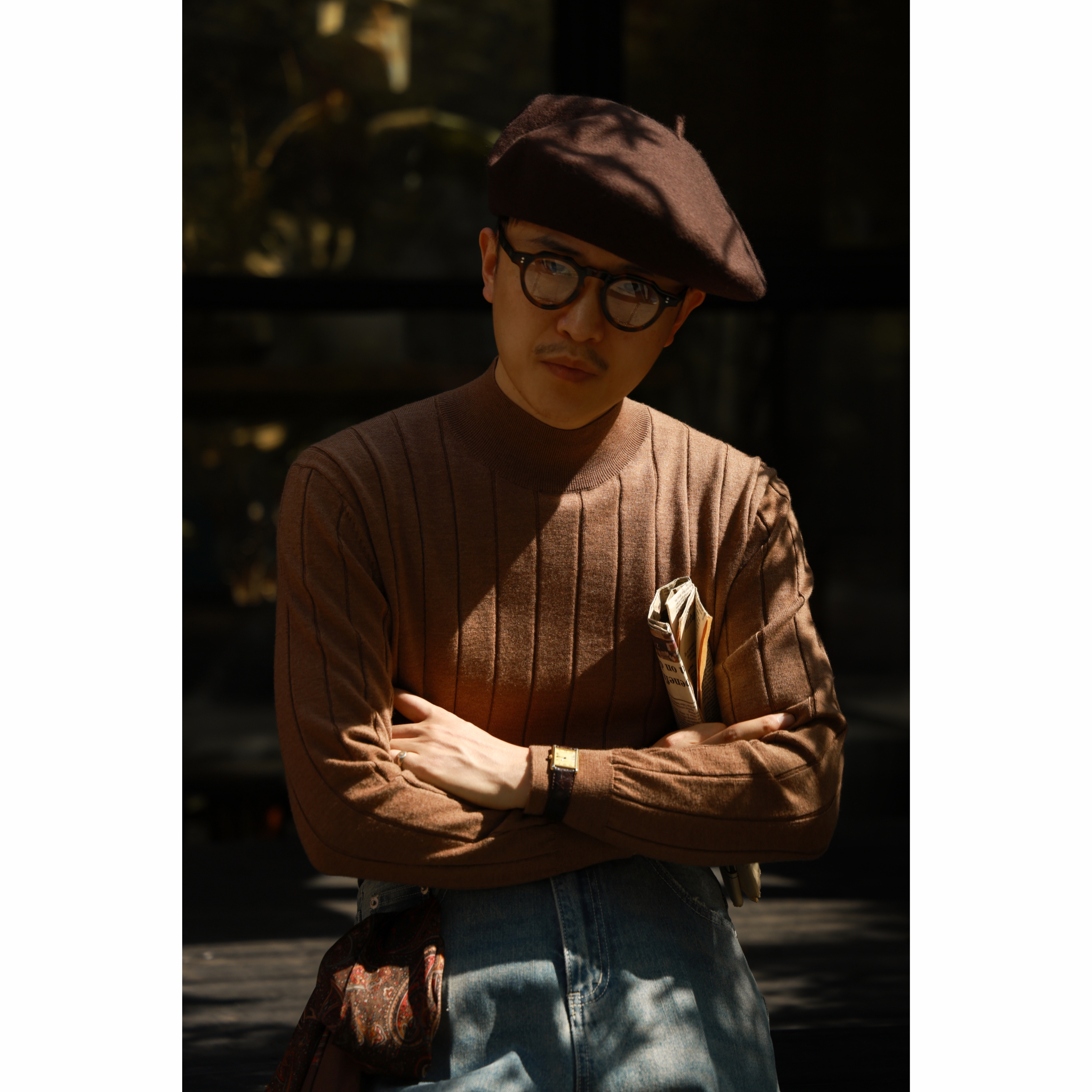 UGENTLE长袖羊毛半高领棱条毛衣