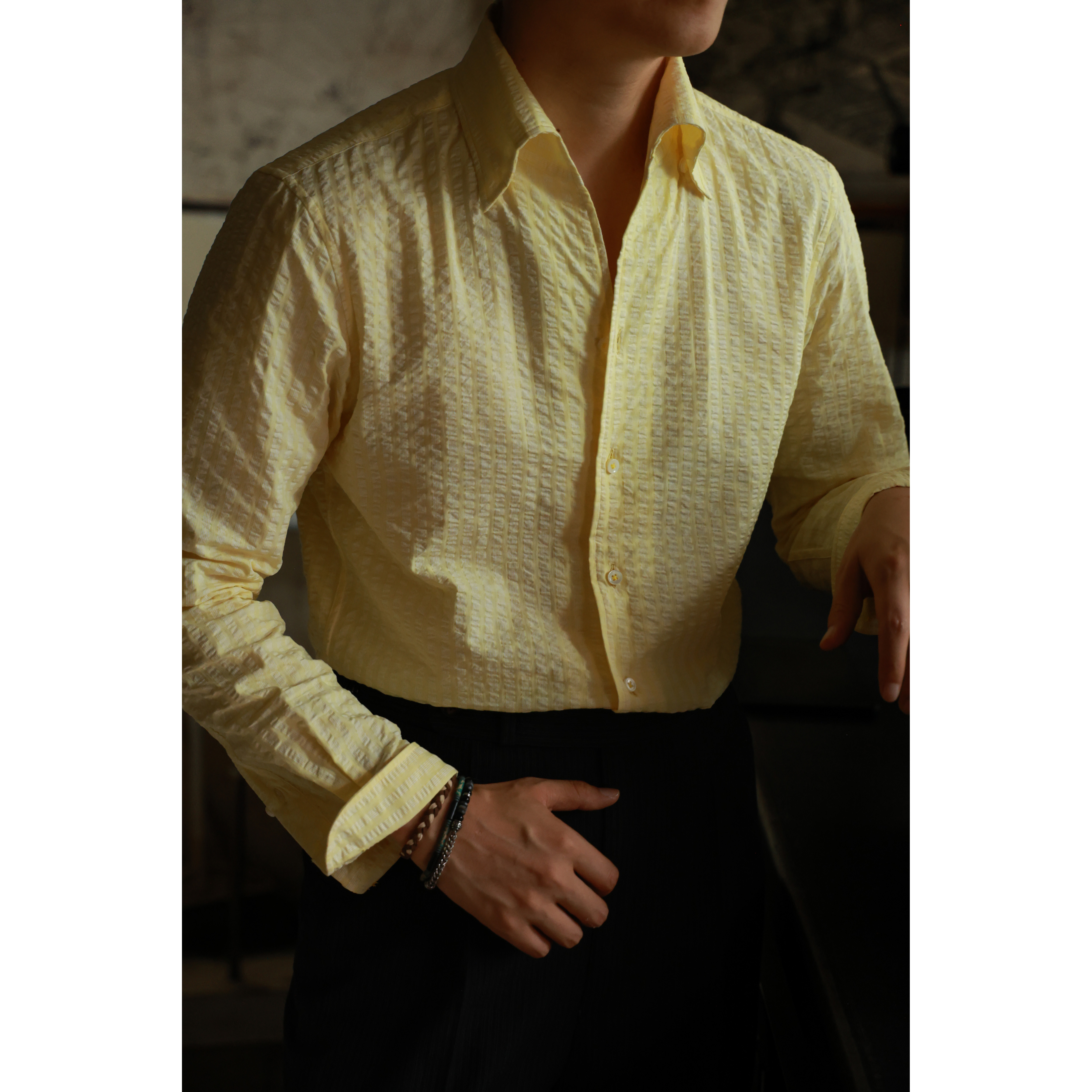 UGENTLE一片领长泡泡纱衬衫纯棉