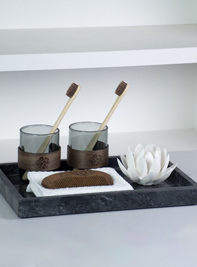 新中式卫浴托盘洗漱口杯牙刷毛巾梳子摆件套装样板间卫生间台面
