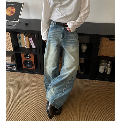 美式复古宽松显瘦拖地阔腿牛仔裤